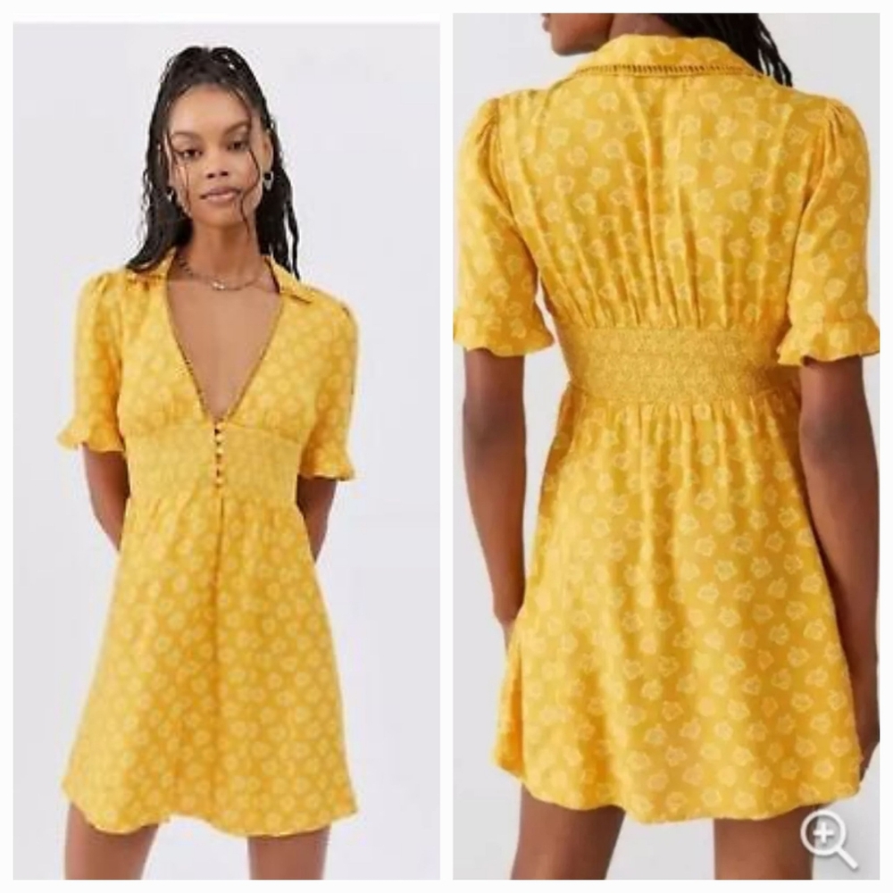 NWT Urban Outfitters S Mustard Yellow Floral Prarie Cottagecore Mini Dress